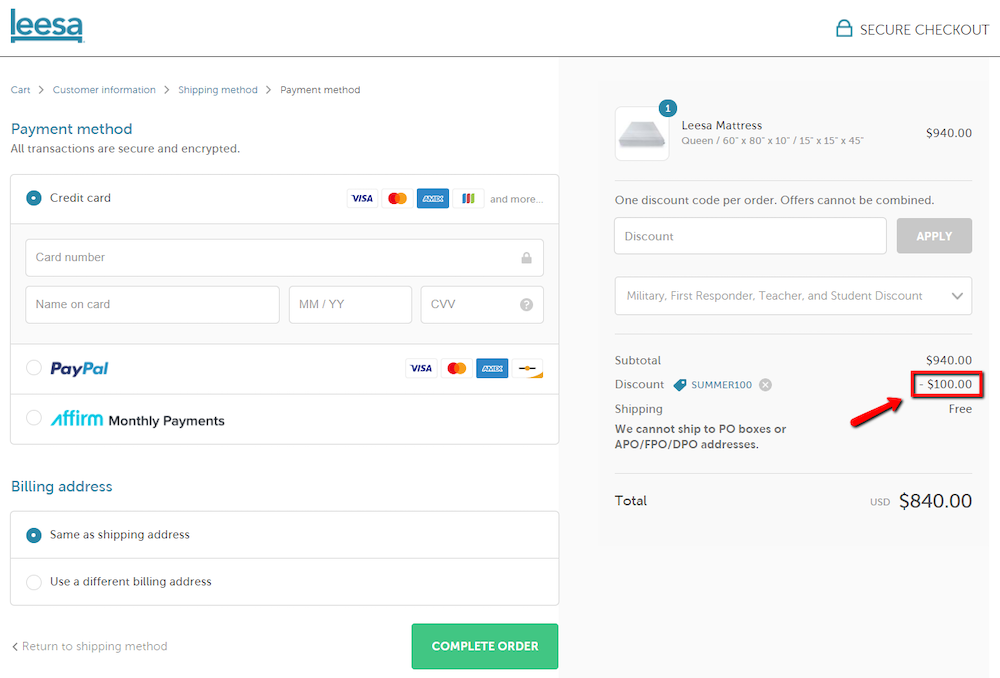 5. Leesa's payment page with a discount applied