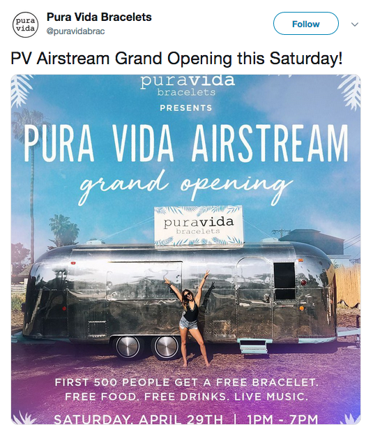 Pura Vida tweet about the Grand Opening of Airstream