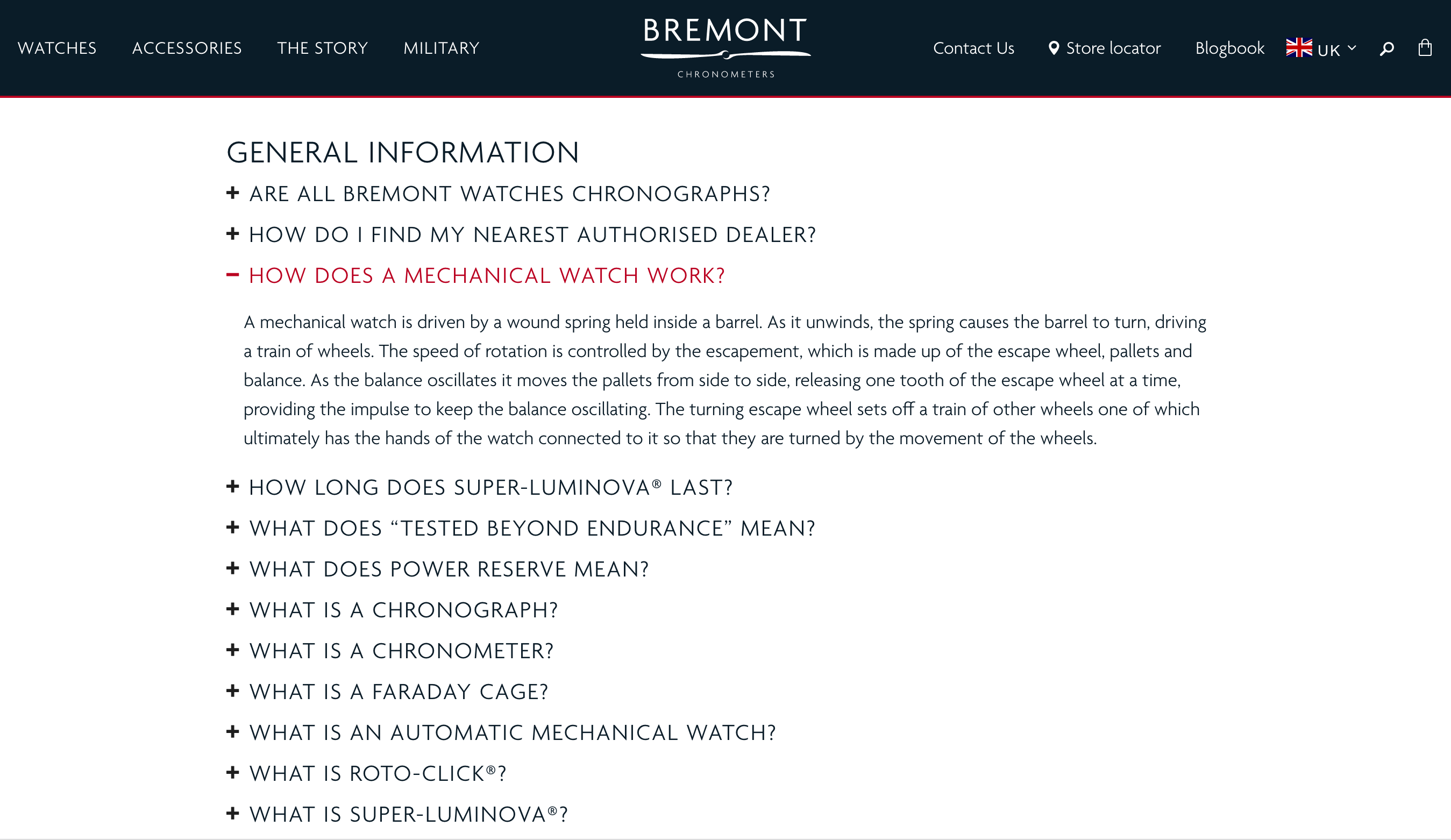 Screen shot of watchmakers Bremont's F A Q page showing quality questions and answers