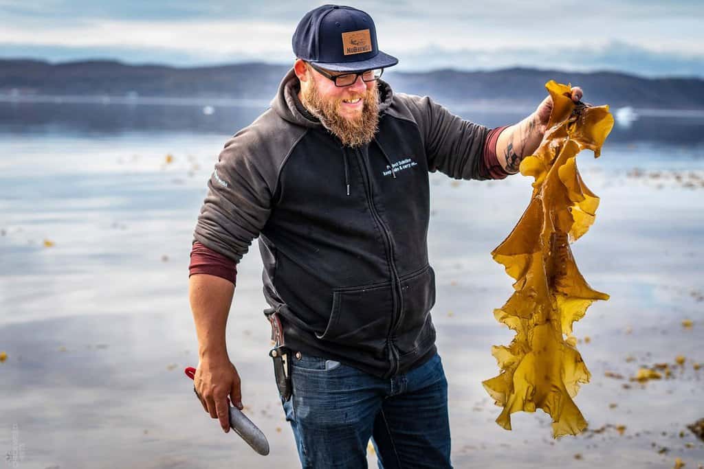 Photograph of Justin Clarke of UasaU Soap, smiling at the large piece of lichen that he's recently foraged in Nunavut, where UasaU soap is produced.