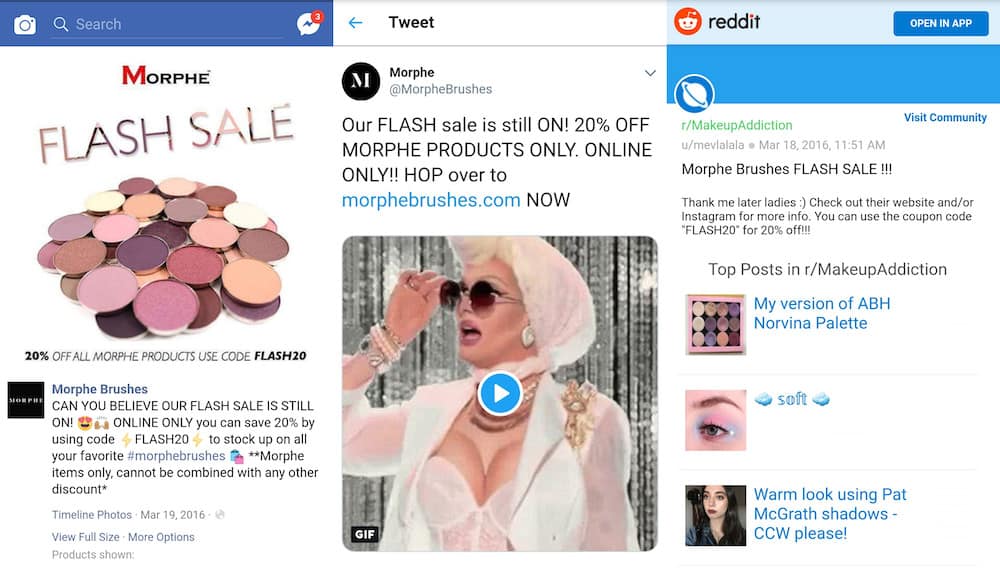 Morphe Brushes flash sale promotion on social and Reddit