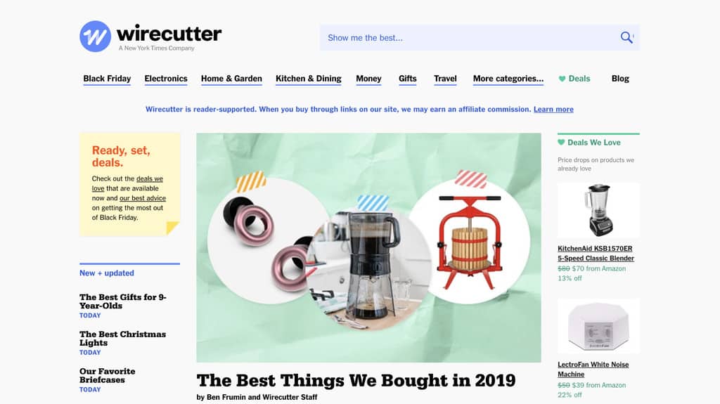 Image of Wirecutter's homepage, a business that monetizes writing reviews and roundups of home products like blenders or white noise machines