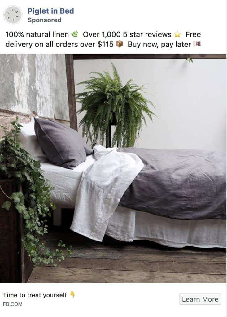 piglet in bed facebook ad example