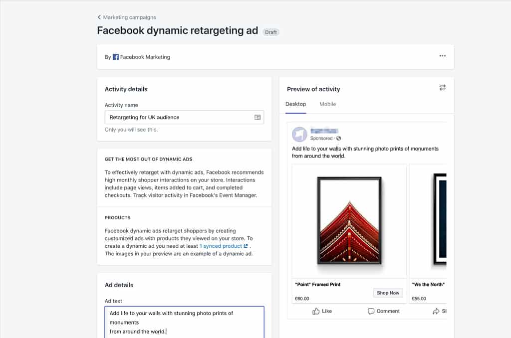 facebook marketing section