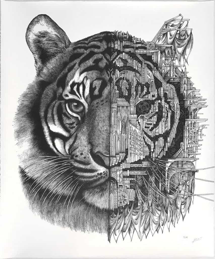 A picture of an art piece by ARDIF which is a mixture of mechanics with an image of a tiger.