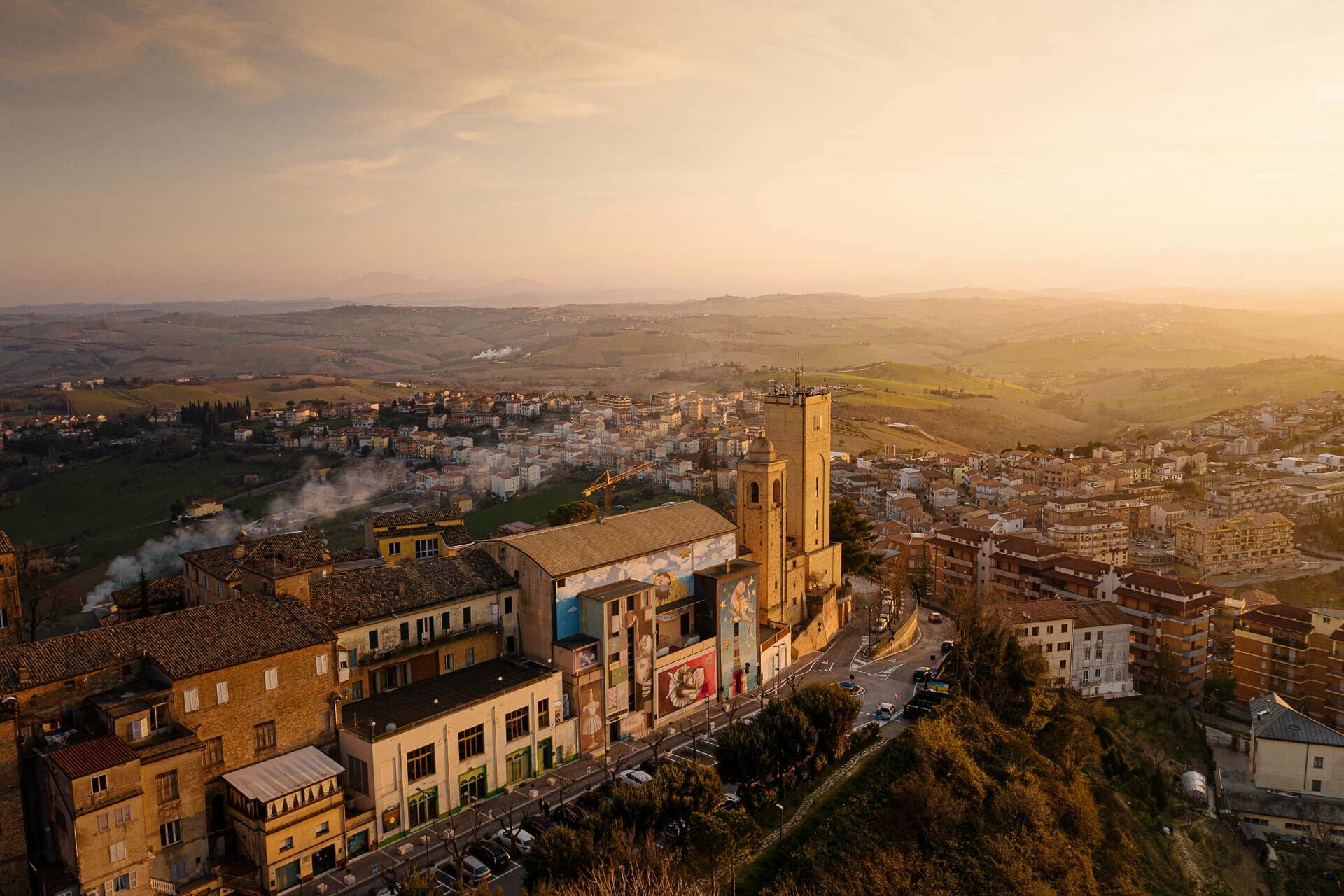 A drone shot of region of Marche, Italy, where Velasca's shoemakers are based.