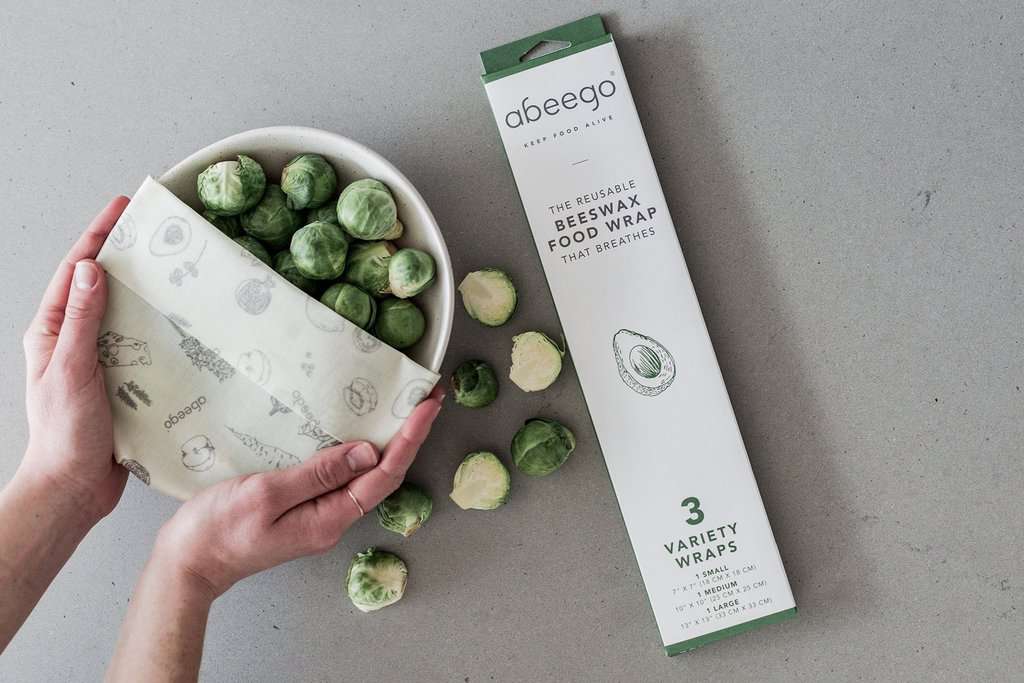 Abeego beeswax wrap over brussels sprouts.
