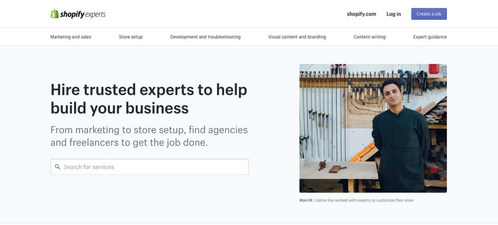 A screenshot of Shopify Experts Marketplace.