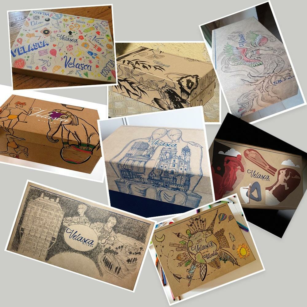 A selection of shoeboxes painted by customers of Velasca for their competition.