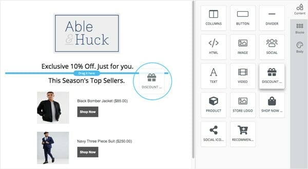 Marsello’s Discount Code content block.