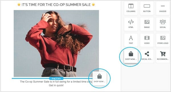 Marsello’s ‘Shop Now’ button in drag-and-drop email builder