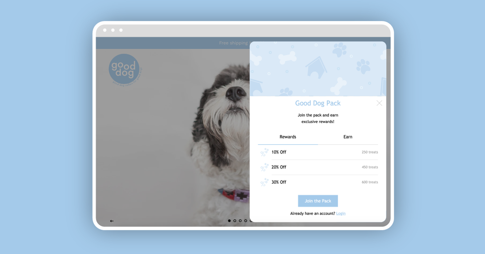 Good Dog uses Marsello’s Floating Panel loyalty widget design.