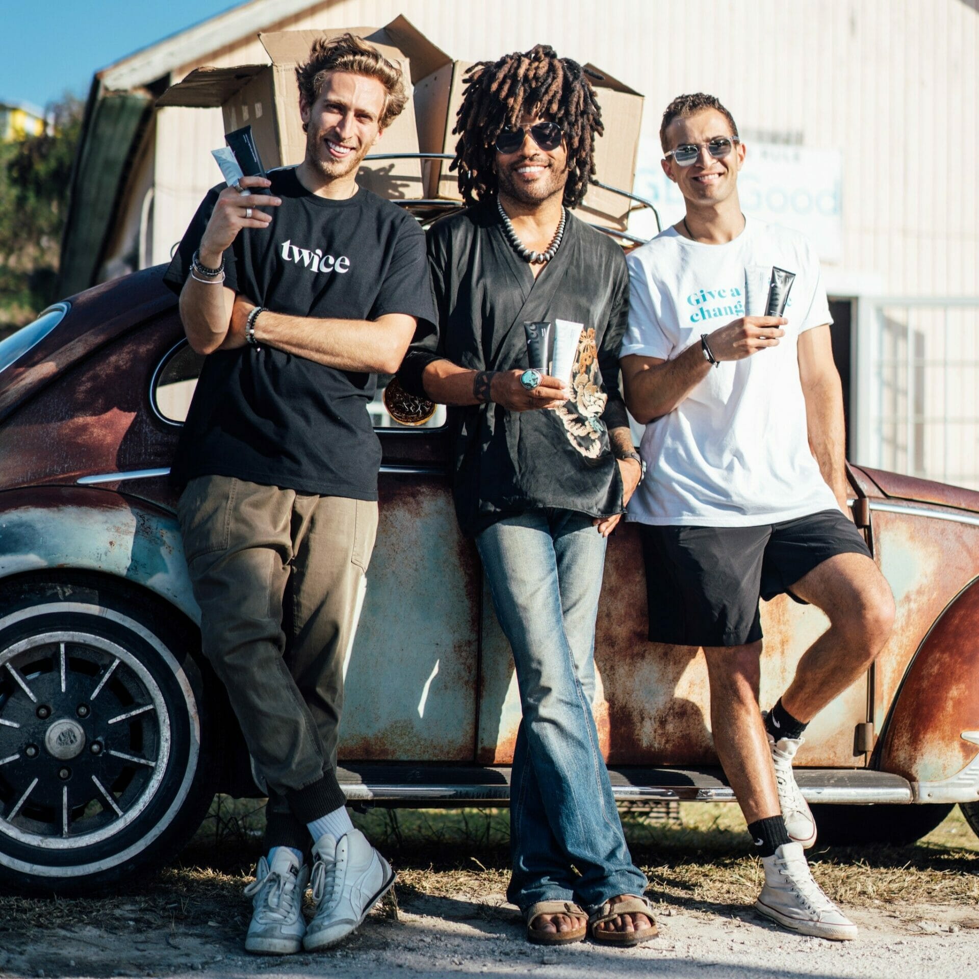 Cody Levin, Lenny Kravitz, and Julian Levin, the three founders of Twice.