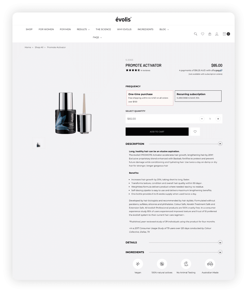 evolis, a professional haircare stockist based in Australia, carefully lists all of the ingredients in their products and makes the breakdown easier to understand with icons that represent key categories i.e. Vegan..
