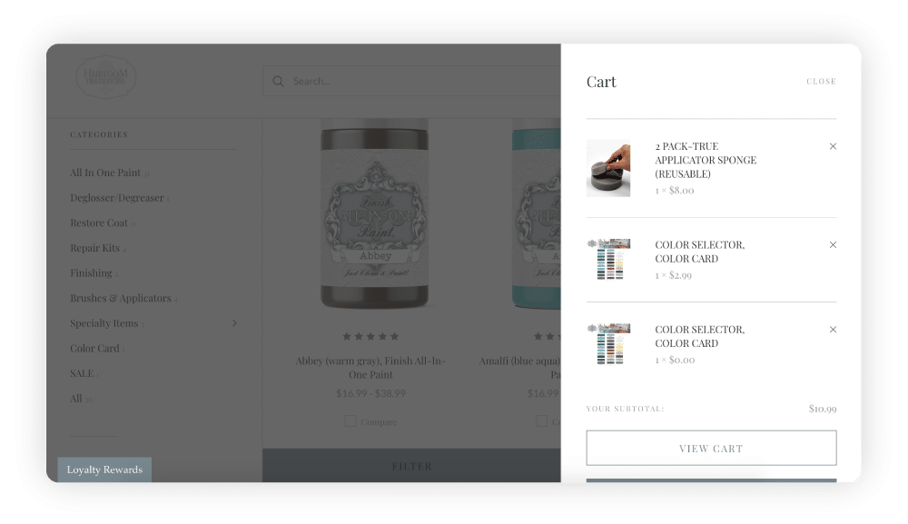 Heirloom Traditions Paint uses a drop-down cart menu to help customers see everything they’ve added to their cart while shopping and incentivize them to complete the purchase.