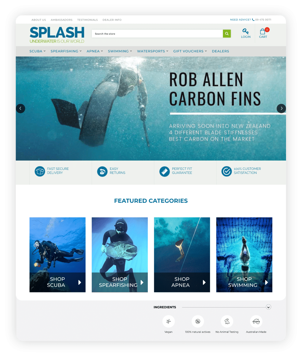New Zealand-based water-sports supplier, Splash, uses clever product categorization to create an easy-to-navigate online store.