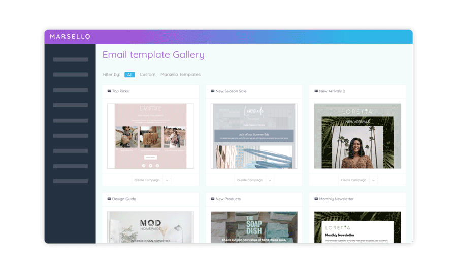 Marsello’s Email Template Library makes it easy to select, edit and enable beautiful email campaigns that are sure to capture your customers’ attention.