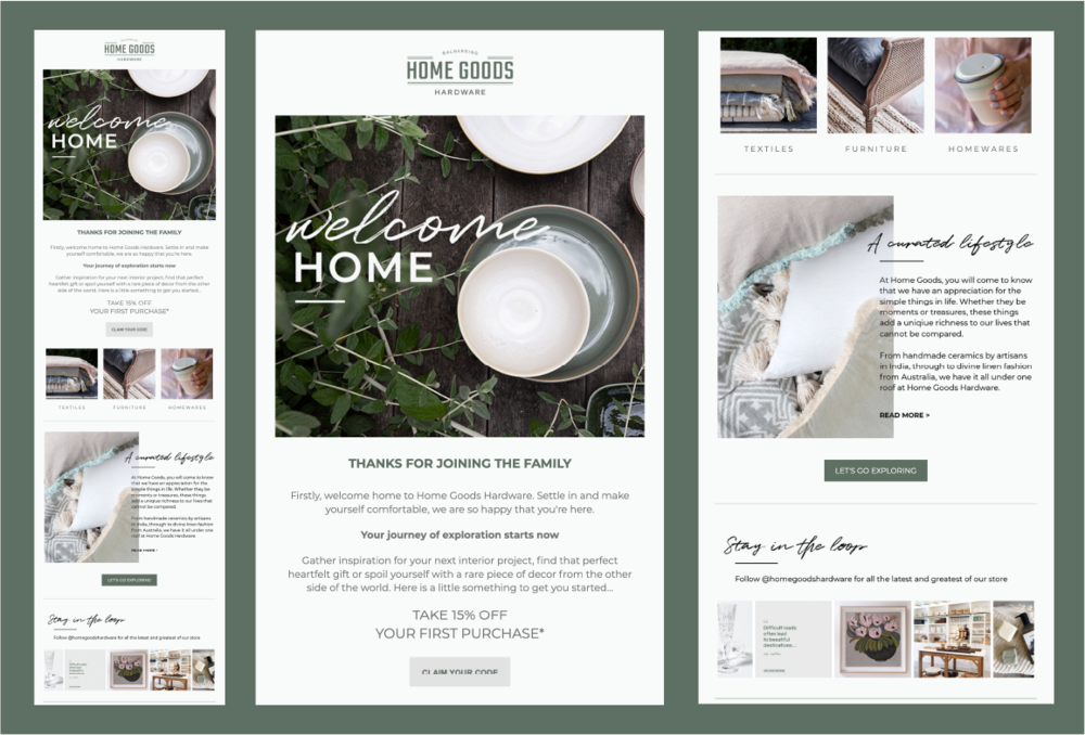 Alt Tag: Green background featuring an email campaign that shows the entire email on the left-hand side, and then in the centre and to the right, the email has been split into two for readability. The email says, “Home Goods Hardware.” and shows an image that reads, “Welcome Home”. The main text of the email welcomes customers by saying, “Thanks for joining the family” and offers them a 15% off discount on their first purchase.”