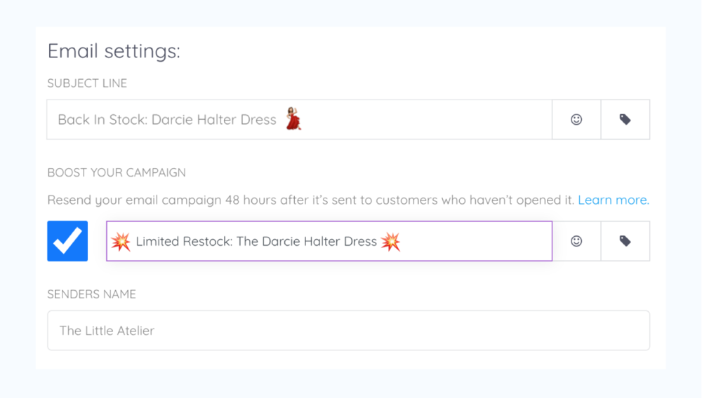 When creating a new email campaign, you can now opt to ‘boost’ that campaign and add a subject line for the campaign’s second release.