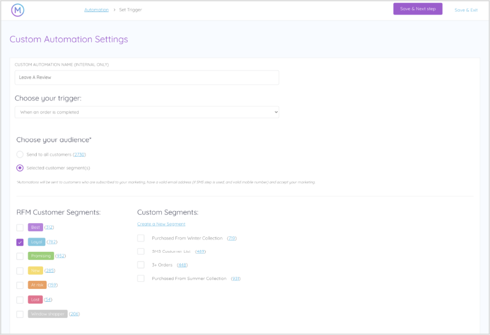 Alt Tag: An in-app screenshot showing a retailer who is selecting which RFM segment they would like to market to. They’ve selected ‘Loyal Customers’ for a campaign that requests reviews.