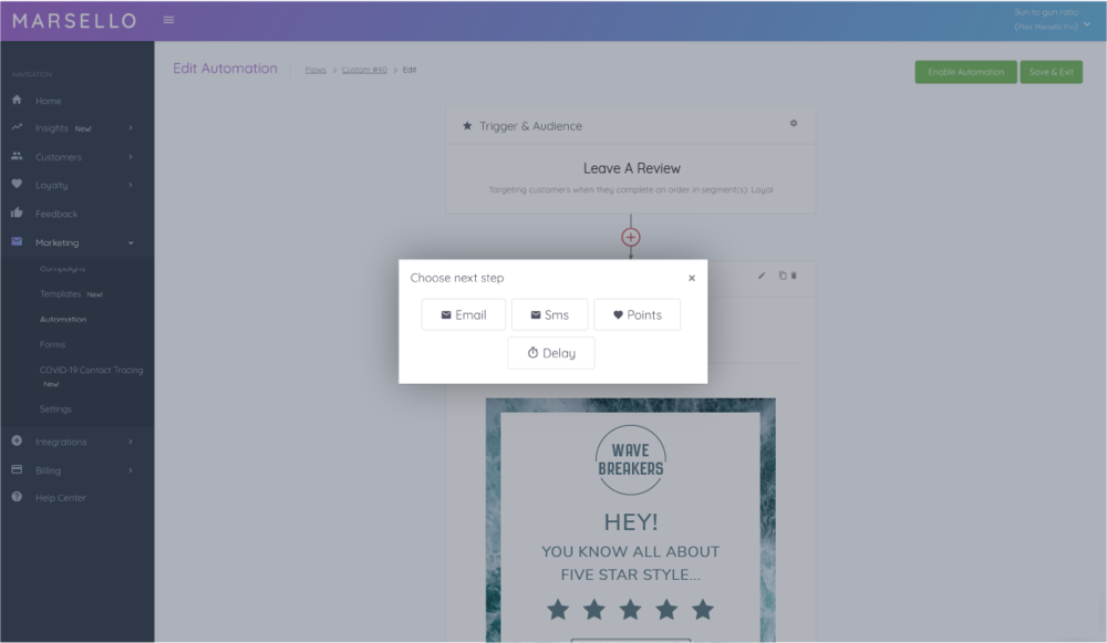 Alt Tag: Image shows an in-app display of Marsello where a retailer is creating an Automated Campaign. They’re choosing the ‘next step’ in their automation and deciding whether to add an Email, SMS, Points or Time Delay.