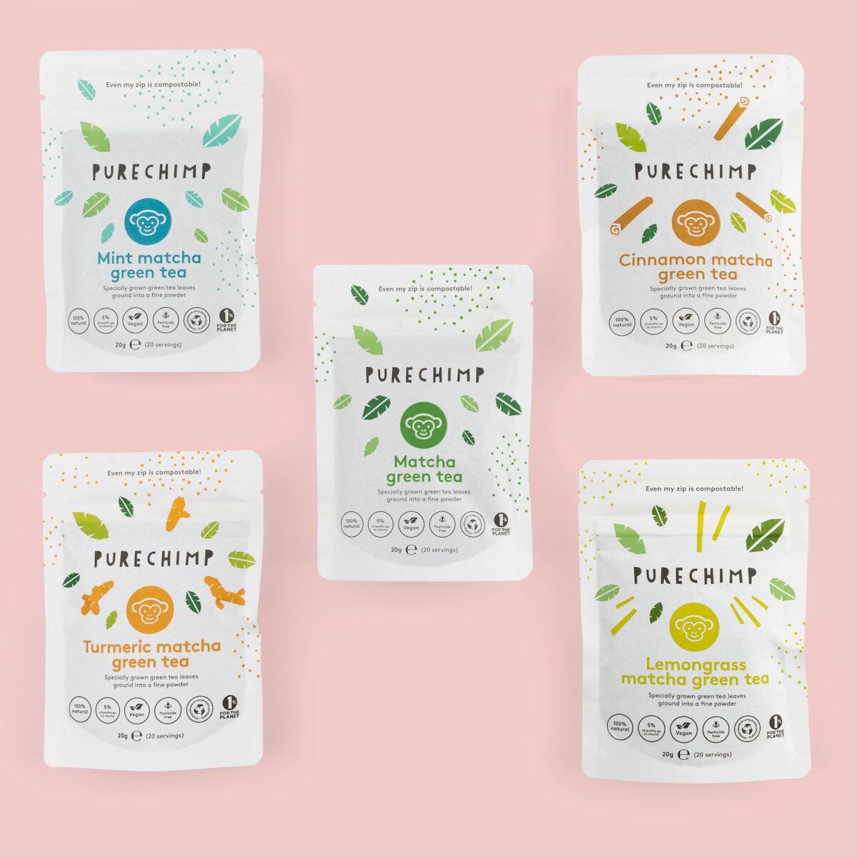 A selection of 5 matcha flavours offered by PureChimp against a pink background.