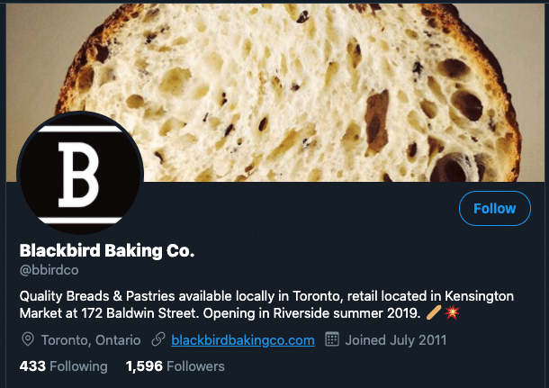 Screenshot of Blackbird Bakery's Twitter profile