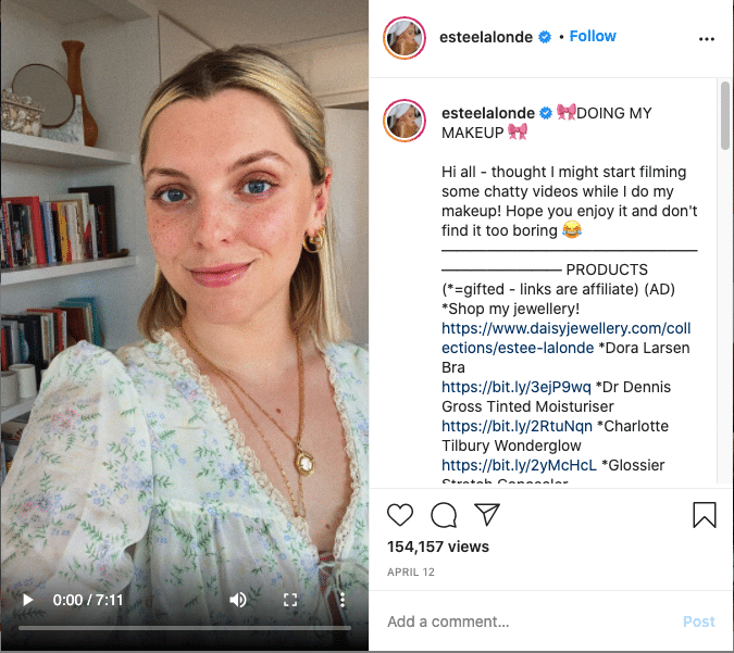 Instagram influencer, Estee Lalonde, sharing a video update on Instagram about the makeup she uses in her routine