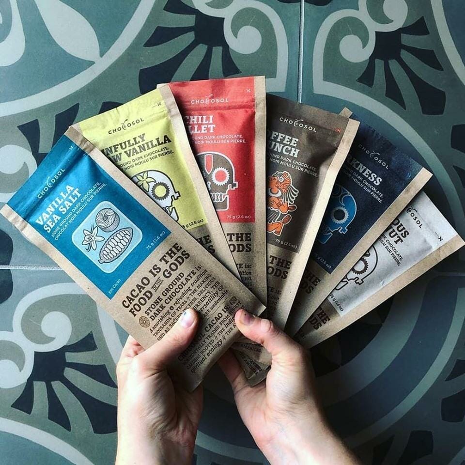 A selection of ChocoSol’s chocolate, wrapped in biodegradable packaging.