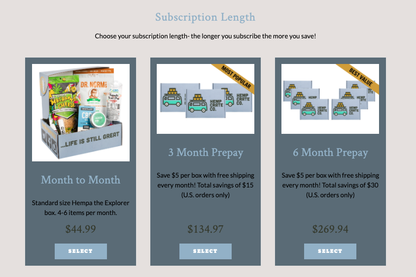Image of three cannabis subscription options