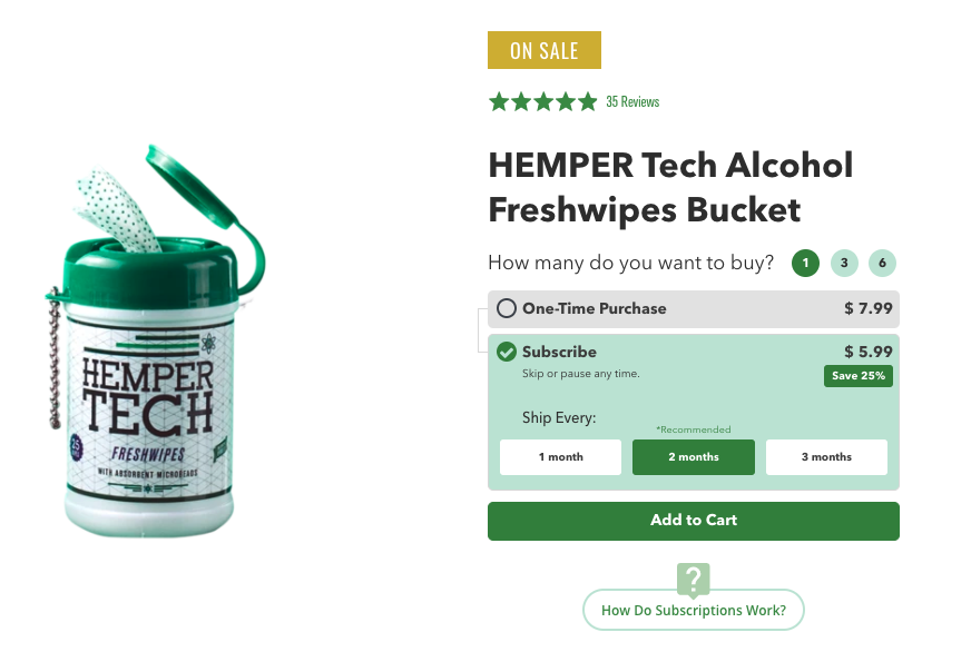 Product image of hemp wipes with subscription option