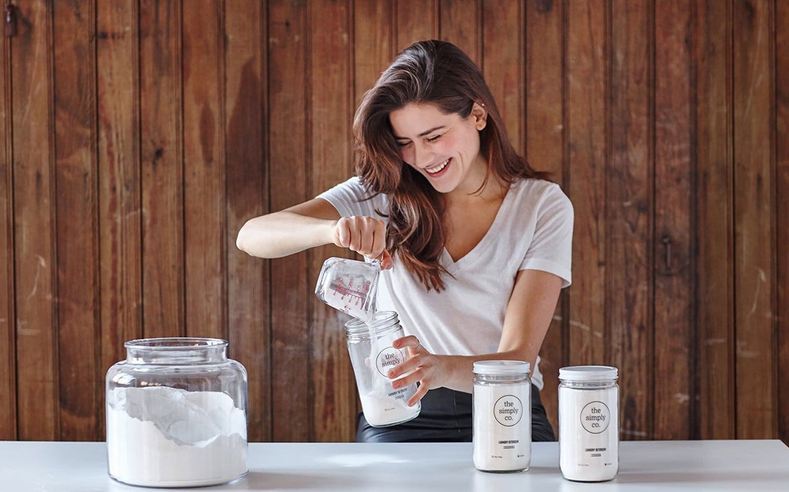 Lauren Singer with laundry soap under her brand Simply Co. made from three organic ingredients.