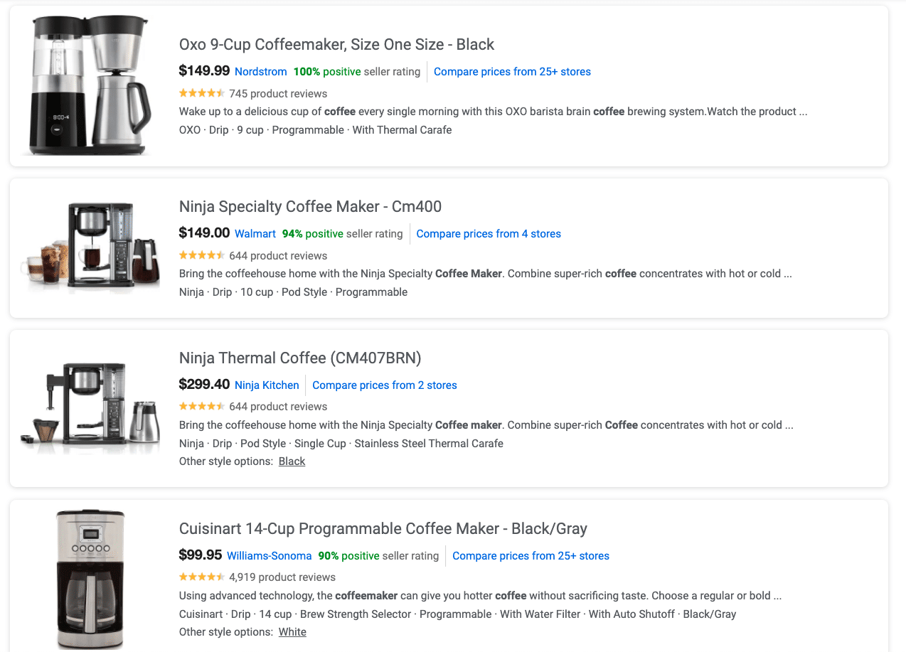 Example of the product description in Google for Shopping ads. A vertical display with each entry having a left aligned image, product title, price and manufacture, and two-three line product description