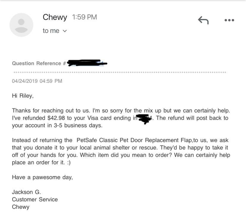 Example of Chewy's excellent customer service email that caused delight with the customer that they took to Reddit to share with others