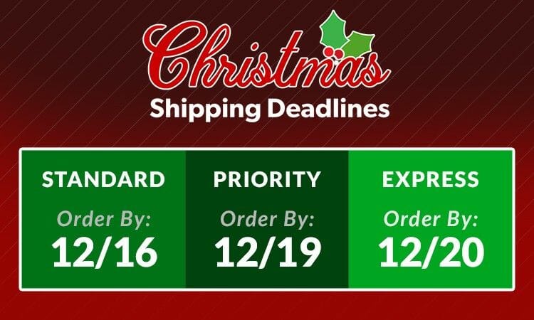 red and green graphic showing holiday shipping deadlines