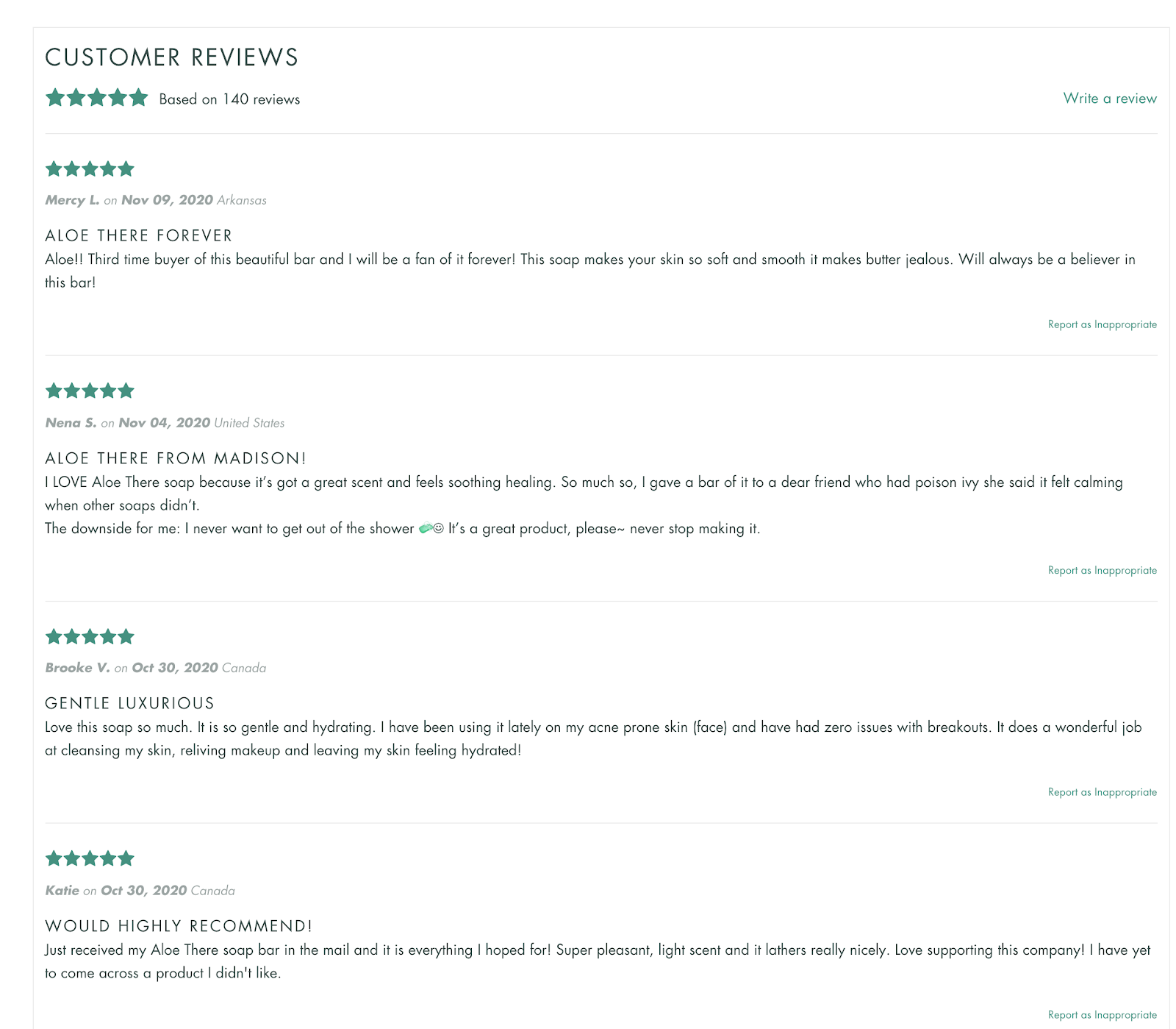 Customer reviews on Rocky Mountain Soap Product Page
