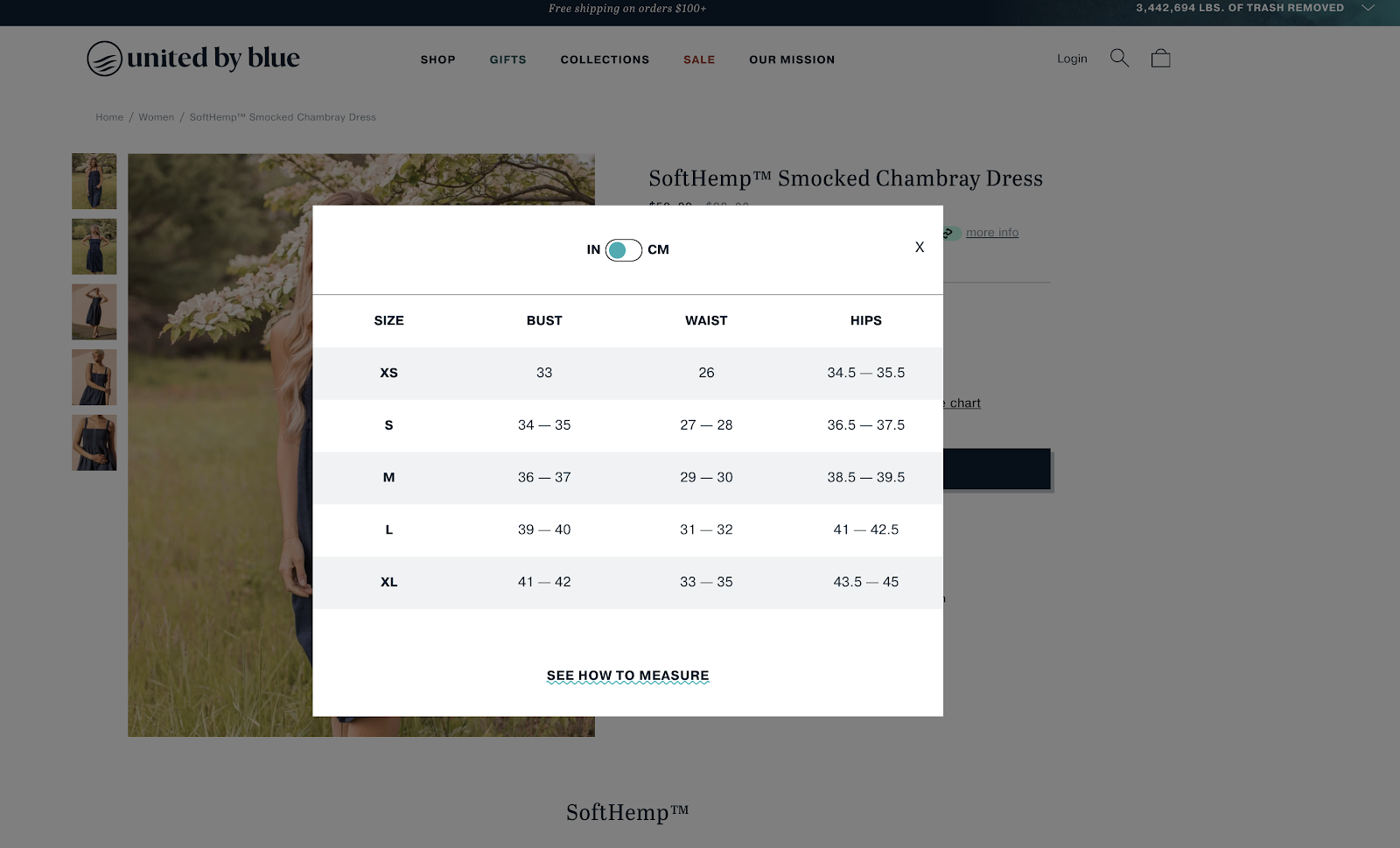 Sizing chart on product page
