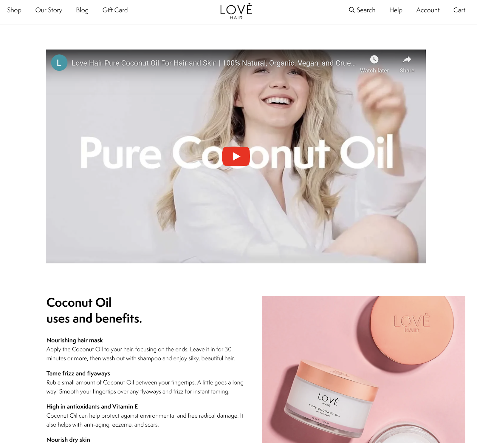 Love Hair using video content on their product page