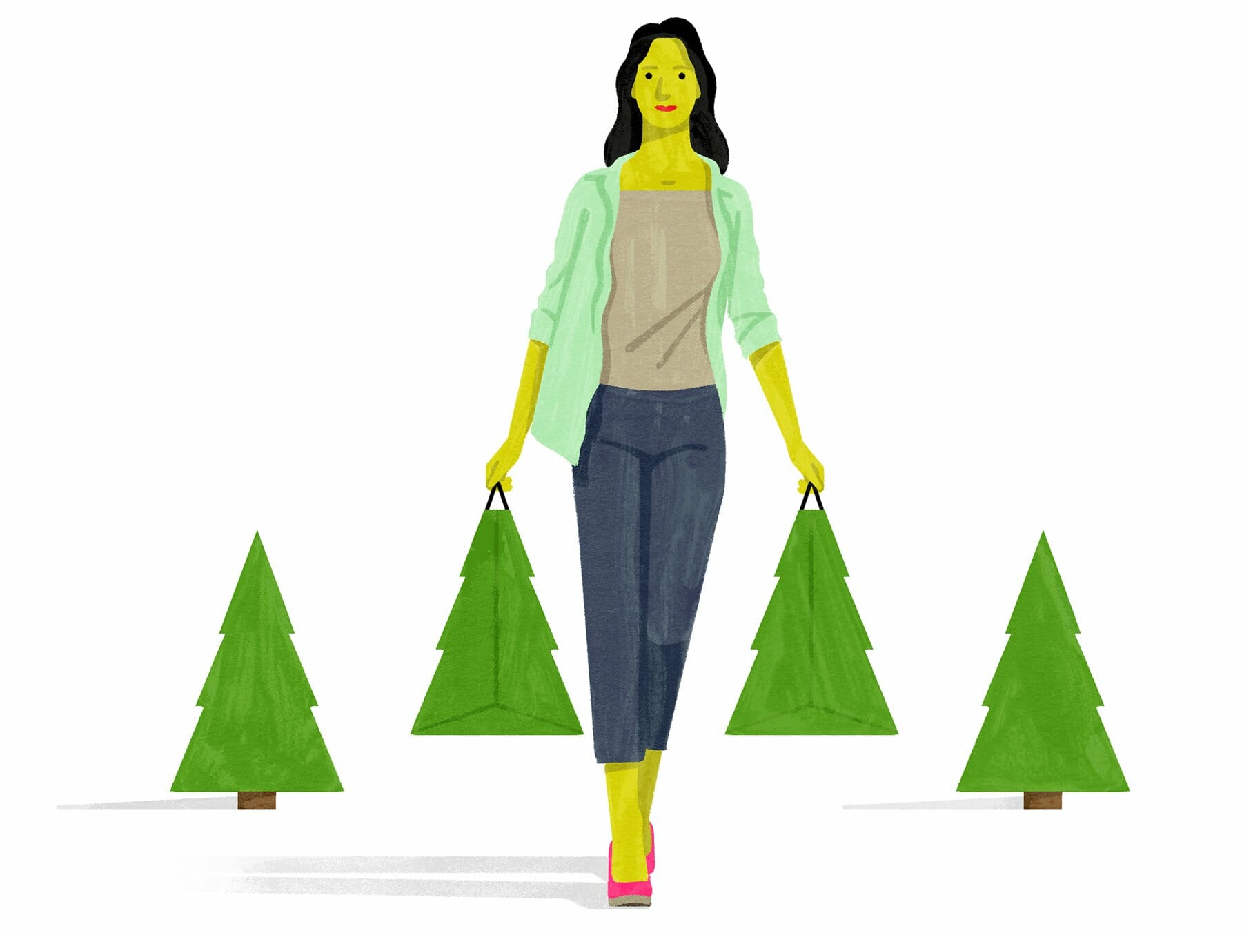 Woman carries shopping bags shaped like trees