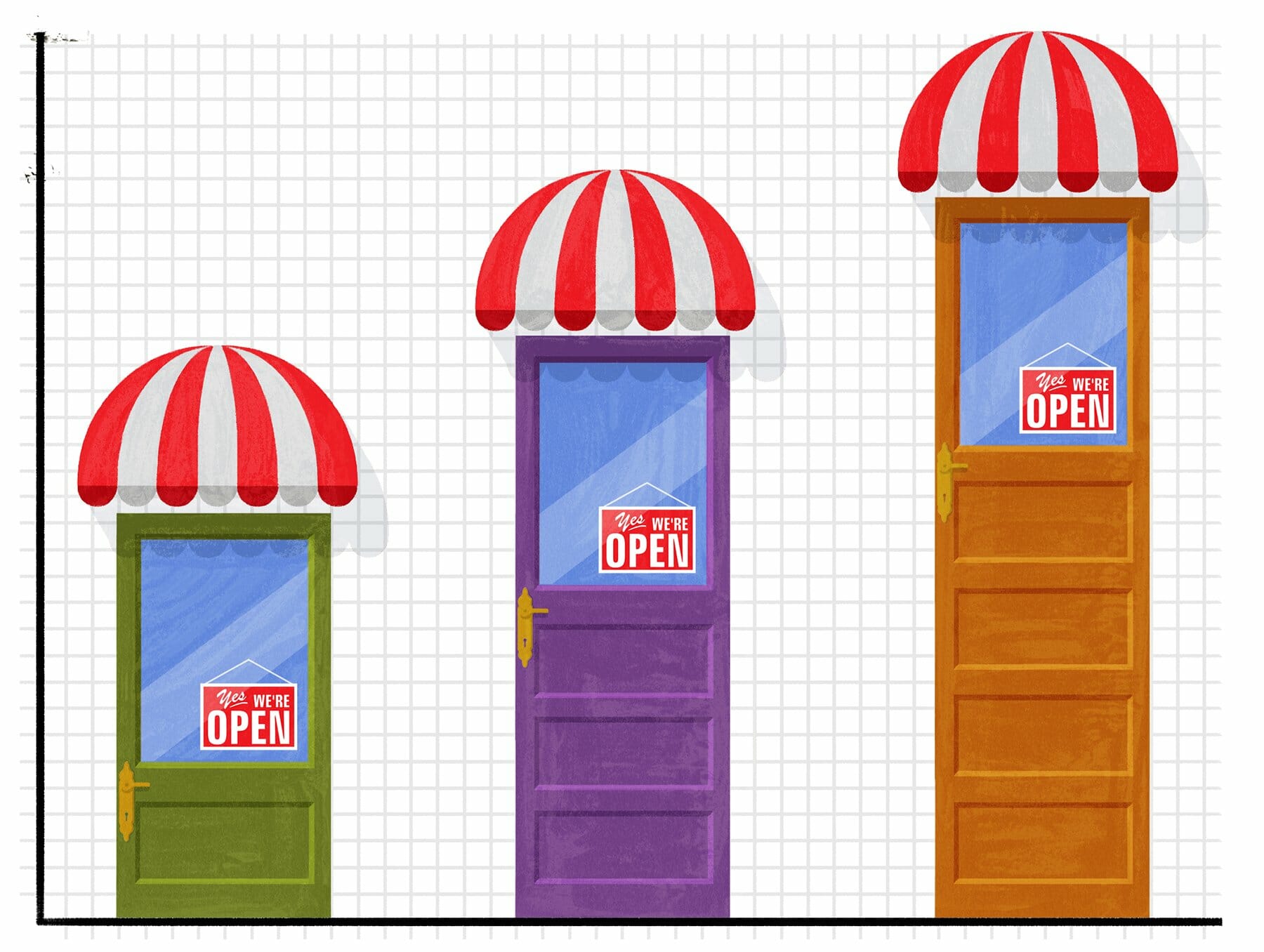 Illustration of ascending storefront doors placed on a graph