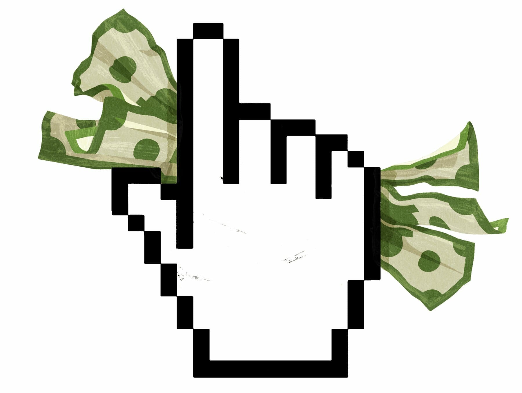 Cursor pointer hand grasps a wad of paper currency