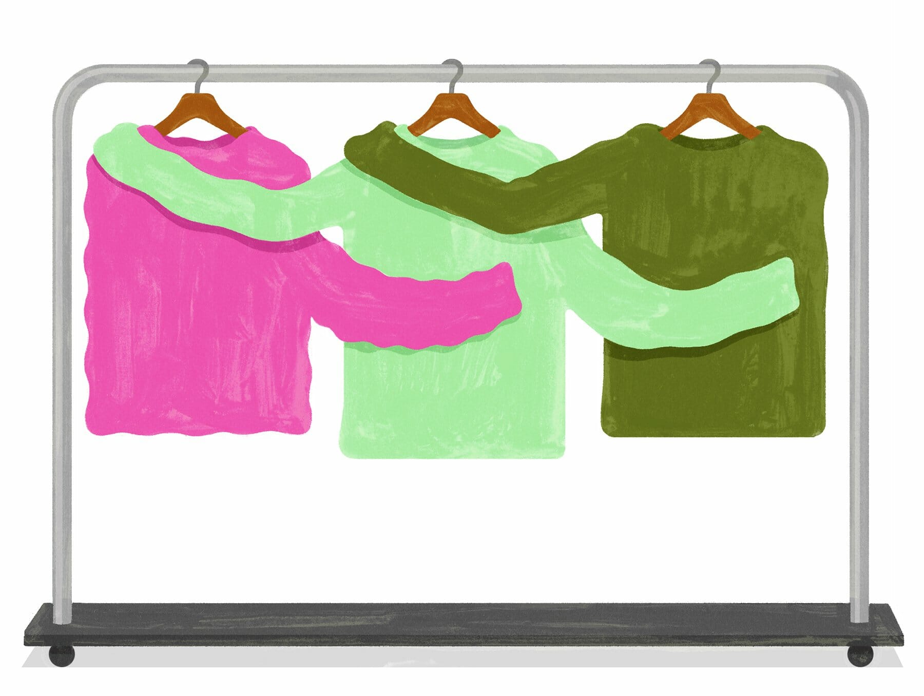 Shirts hanging on a rack mimic the act of putting an arm around a friend