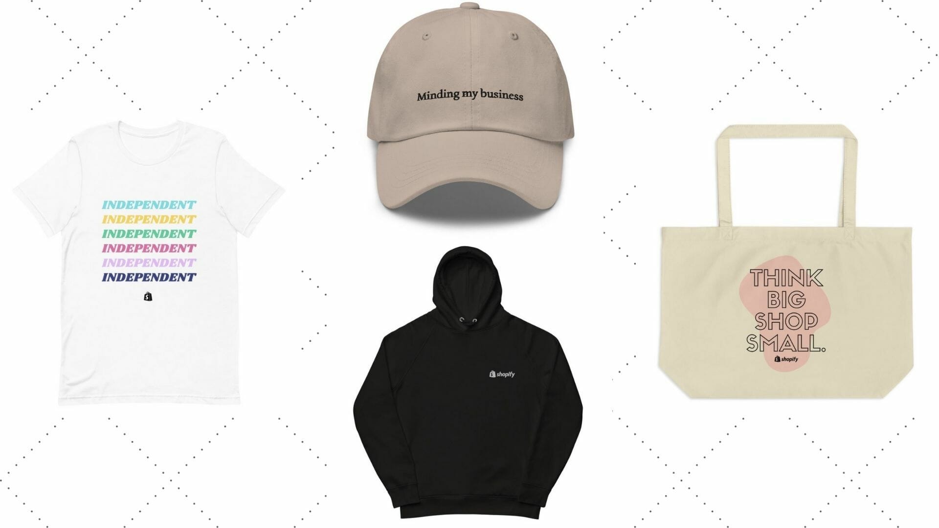 four shopify merch concepts (a dad hat, hoodie, tote bag, and t-shirt)