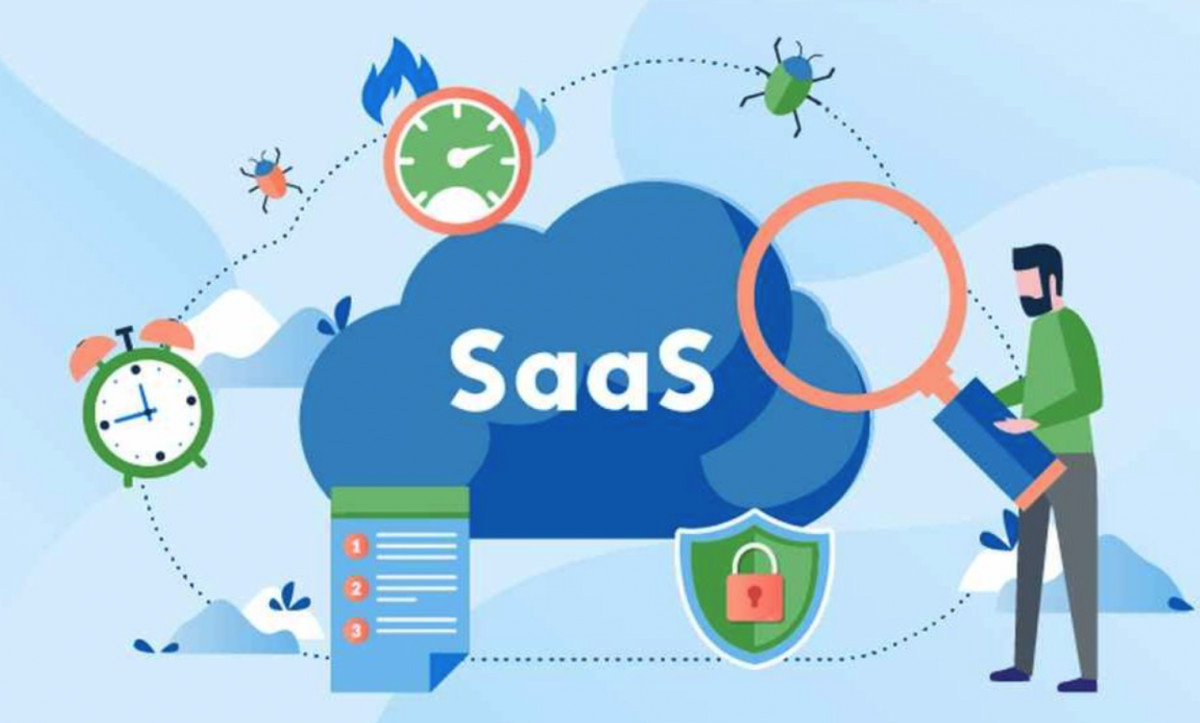 The word saas on a cloud with a magnifying glass, representing ecommerce.