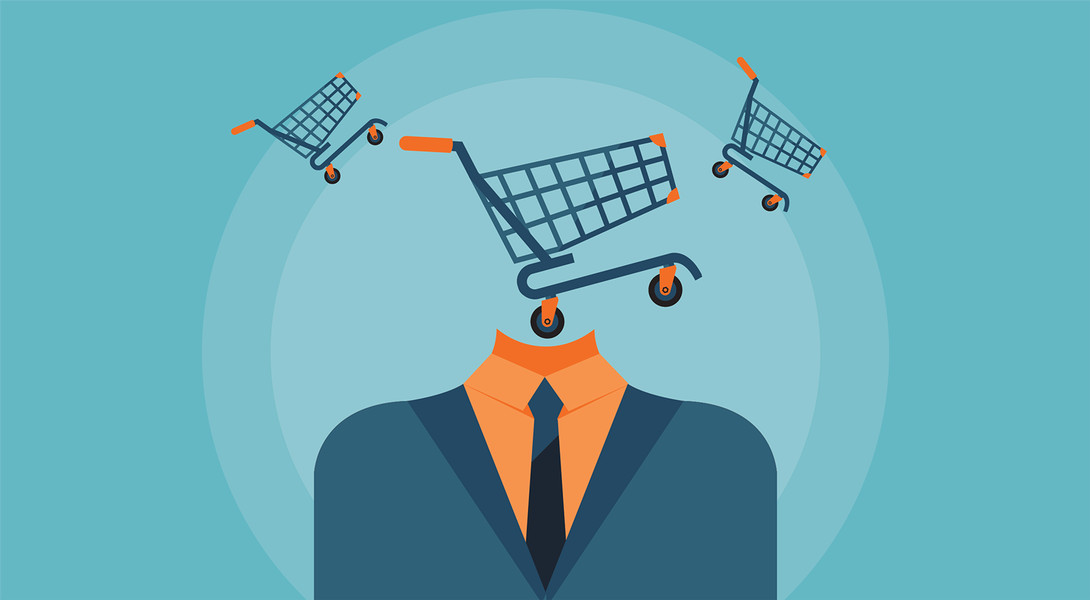 A man's head with shopping carts flying out of it representing ecommerce marketing.