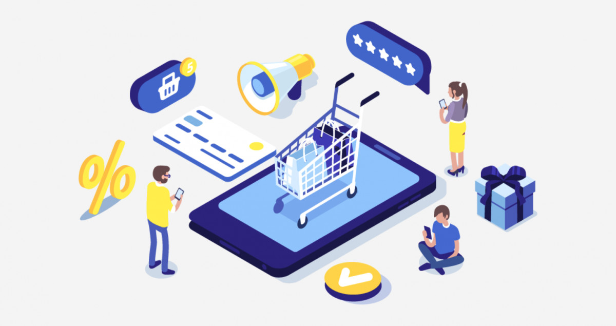 An isometric image of people shopping on a mobile phone, highlighting DTC.