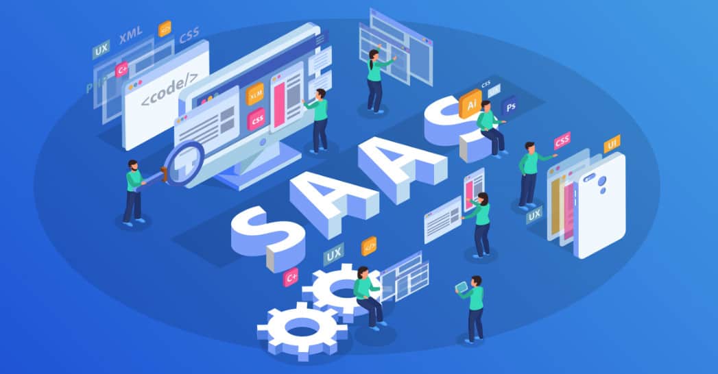 A saas wordmark on a blue background with people around it, ideal for DTC marketing and Shopify.