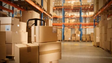 An ecommerce warehouse stocked with boxes and pallets for Shopify's direct-to-consumer (DTC) platform.