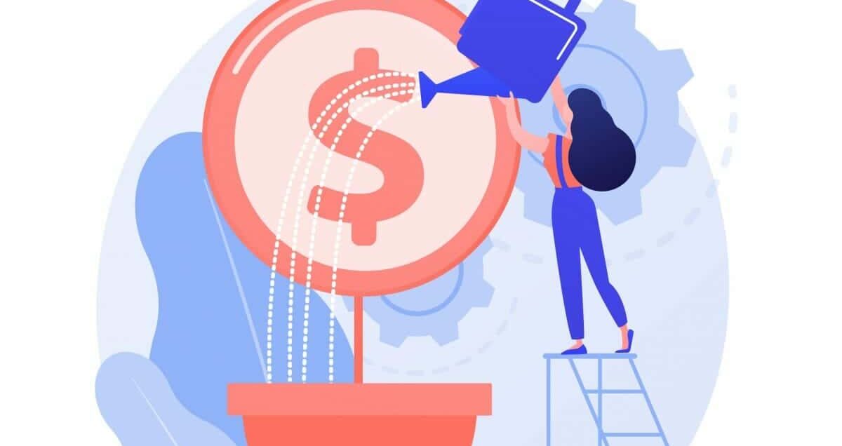 A woman standing on a ladder with a dollar sign in a pot, representing digital marketing for eCommerce.