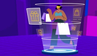 A woman is shopping with bags in a glass cup, showcasing DTC marketing.